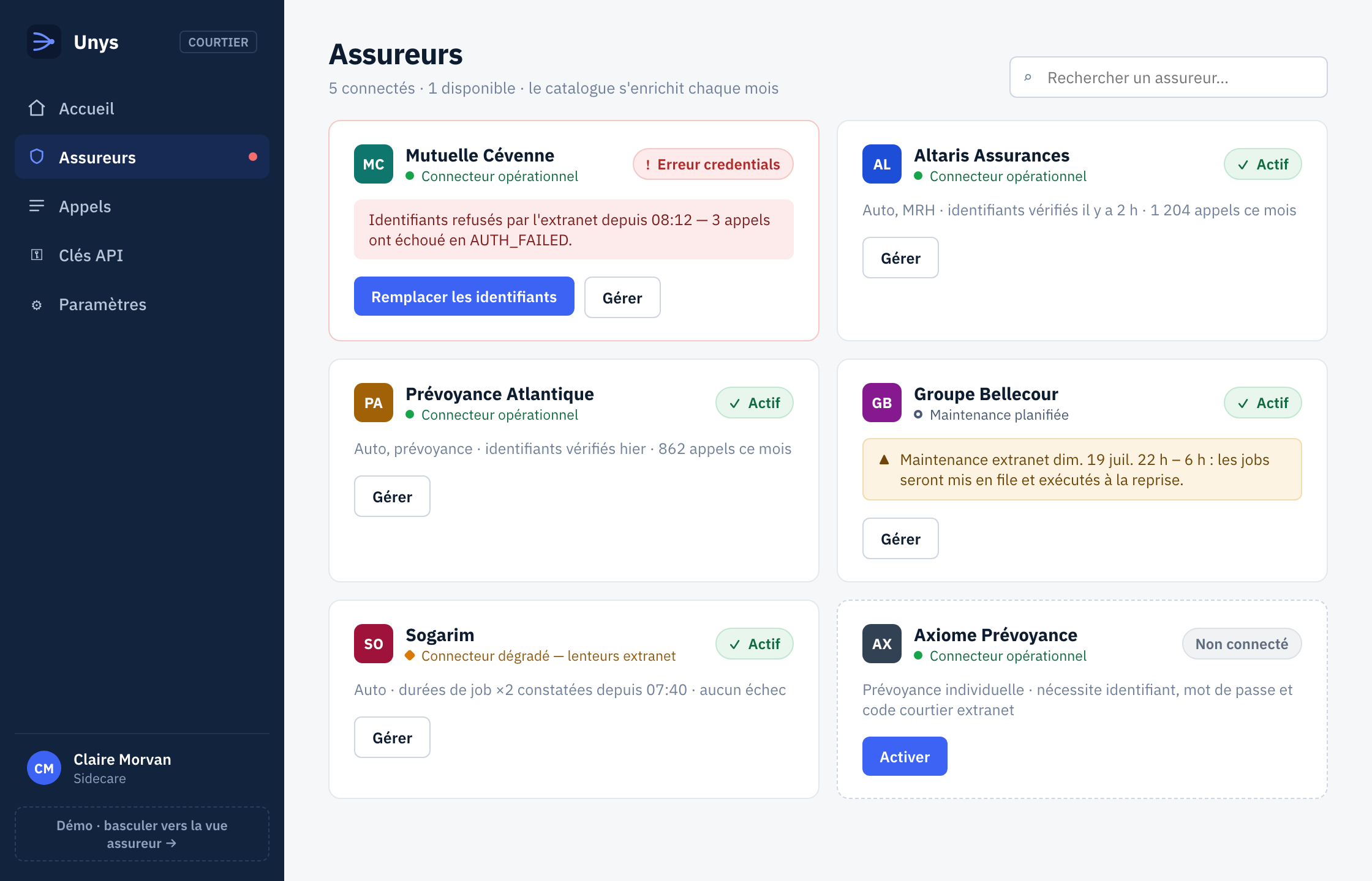 Dashboard Unys — panel d'assureurs connectés avec état des connecteurs en temps réel